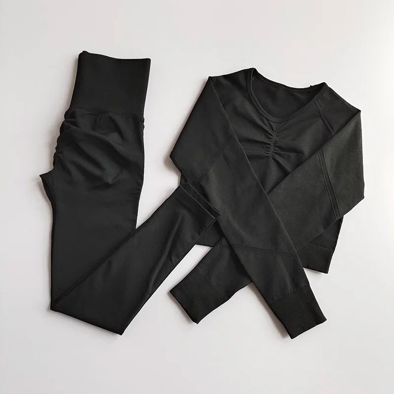 2pcs Women Seamless Yoga Set Workout Clothes Long Sleeve Gym Crop Top High Waist Leggings Fitness Sports Wear Sport Suit Gymwear