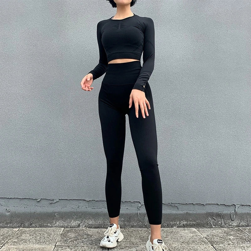 2pcs Women Seamless Yoga Set Workout Clothes Long Sleeve Gym Crop Top High Waist Leggings Fitness Sports Wear Sport Suit Gymwear