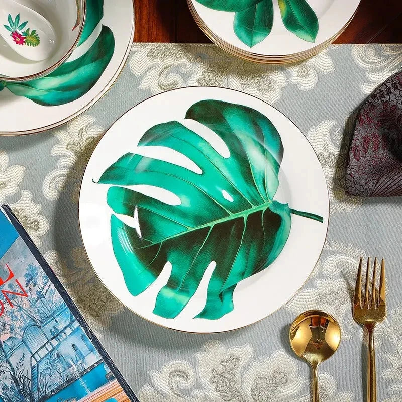 Single Green Leaf Tableware, Food Plates, Coffeeware, Teaware, Coffee Cup Saucers, Mug, Bowl, Dinner Plate, Tray, for Kitchen