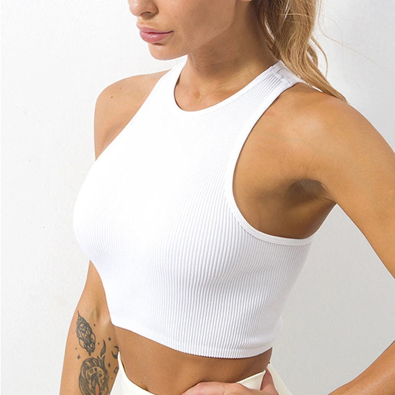 Yoga Vest Women Gym Sports Black White Crop Tops Seamless Streetwear Rib Knit Workout BreathableTank Top Female Without Pads