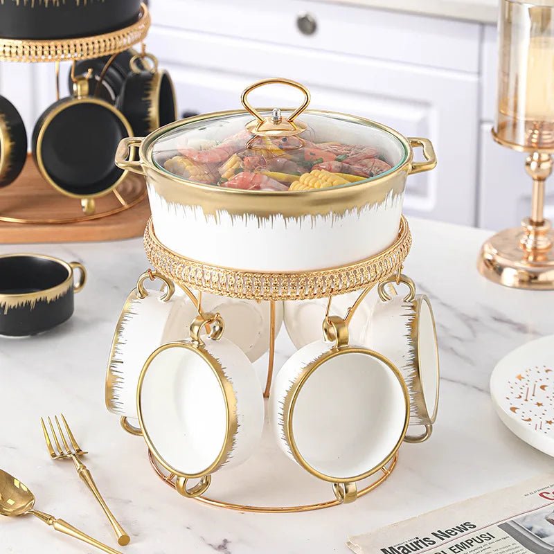 Gold-plated ceramic pot household Phnom Penh soup pot 7-piece set with lid soup pot with hotel tableware set wholesale