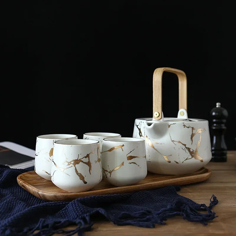 Marbled Home Tea Set Japanese Black & White Ceramic Afternoon Tea Cup with Acacia Wood Base Teapot