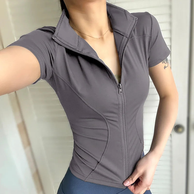 Summer High Quality Waist Slimming Training Tops Women's Quick-drying Tight Stand Collar Full Zipper Short Sleeves Yoga shirts