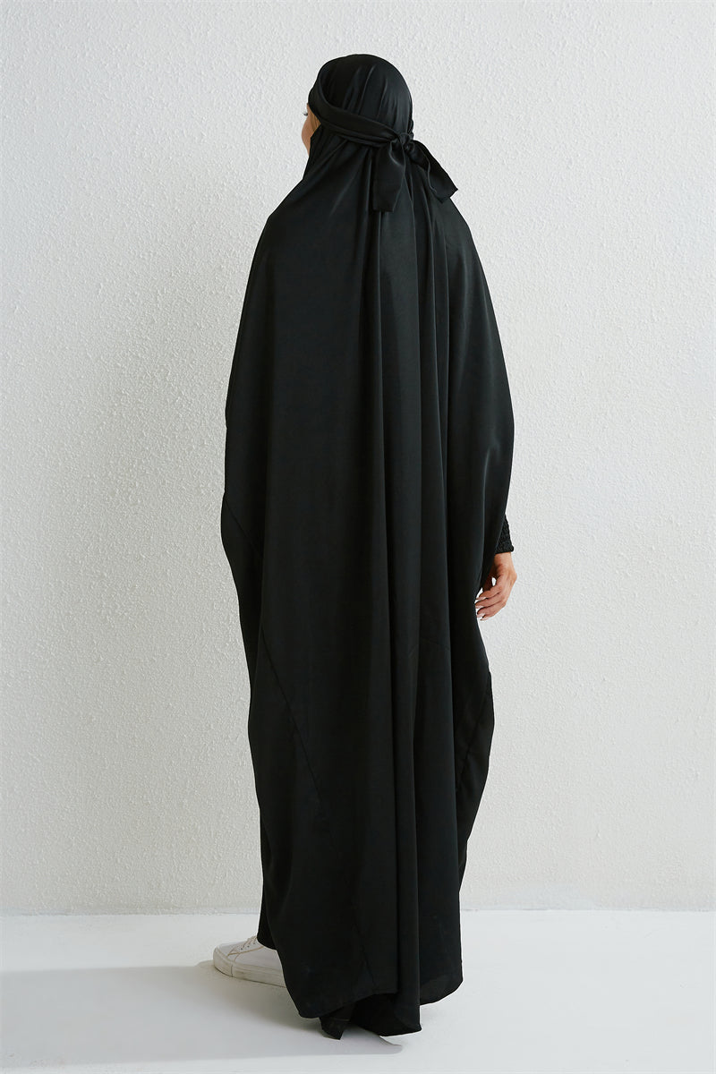 Muslim Abaya Hooded Smocking Sleeve One-piece Prayer Dress Women Jilbab Islamic Clothing Dubai Saudi Black Robe Turkish Modesty