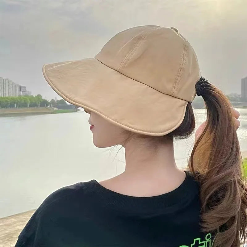 Women Summer Sunhat Cotton Ponytail Bucket Hat Outdoor Beach Adjustable Sun Visor Hats Solid Color Foldable Fisherman Cap