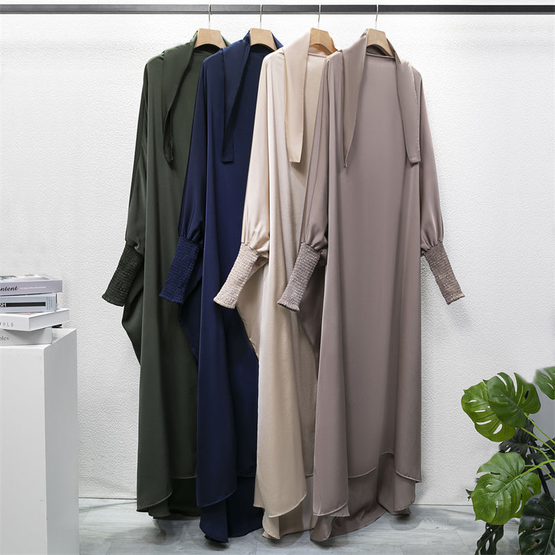 Muslim Abaya Hooded Smocking Sleeve One-piece Prayer Dress Women Jilbab Islamic Clothing Dubai Saudi Black Robe Turkish Modesty