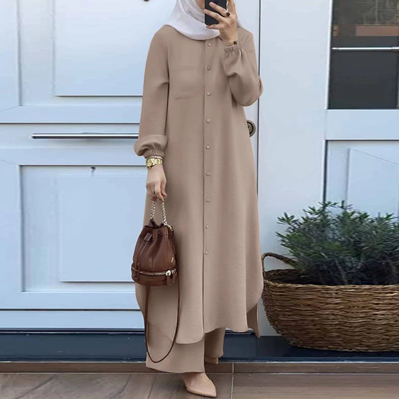 ZANZEA Autumn Muslim Sets Turkey Dubai Abaya Women Long Sleeve Shirt Set Causal Pants Suits Abayas For Women IsIamic Outifits