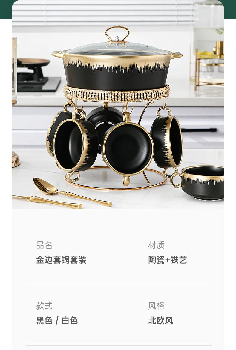 Gold-plated ceramic pot household Phnom Penh soup pot 7-piece set with lid soup pot with hotel tableware set wholesale