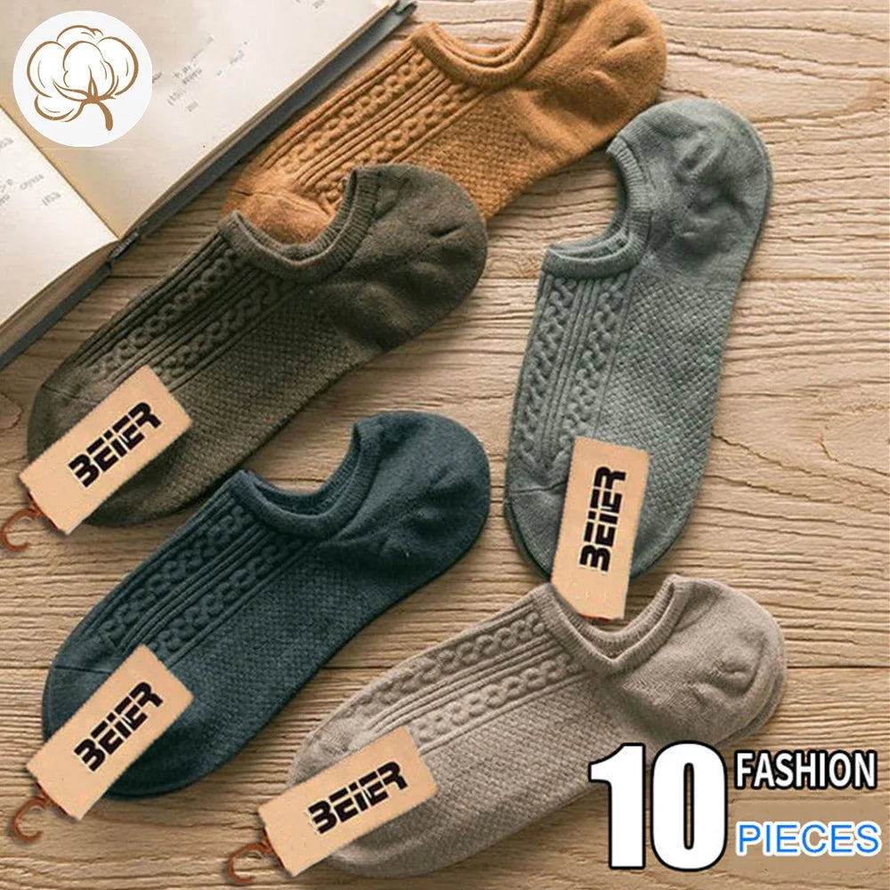 5 Pairs Twists Cotton Tube Socks for Men Short Boat Socks Invisible Summer Thin Versatile Anti Odor Calcetines 10 Pieces