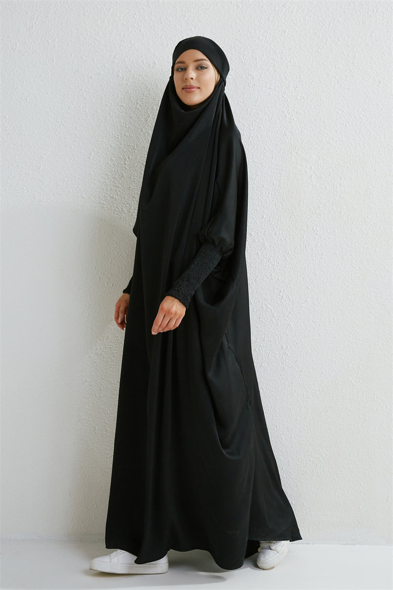 Muslim Abaya Hooded Smocking Sleeve One-piece Prayer Dress Women Jilbab Islamic Clothing Dubai Saudi Black Robe Turkish Modesty