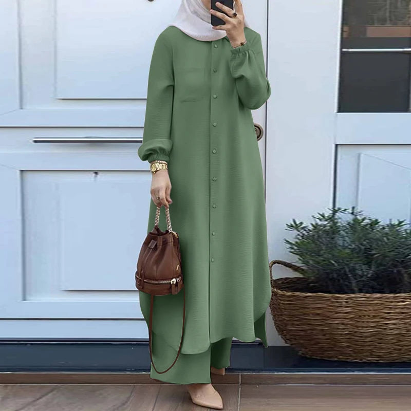 ZANZEA Autumn Muslim Sets Turkey Dubai Abaya Women Long Sleeve Shirt Set Causal Pants Suits Abayas For Women IsIamic Outifits