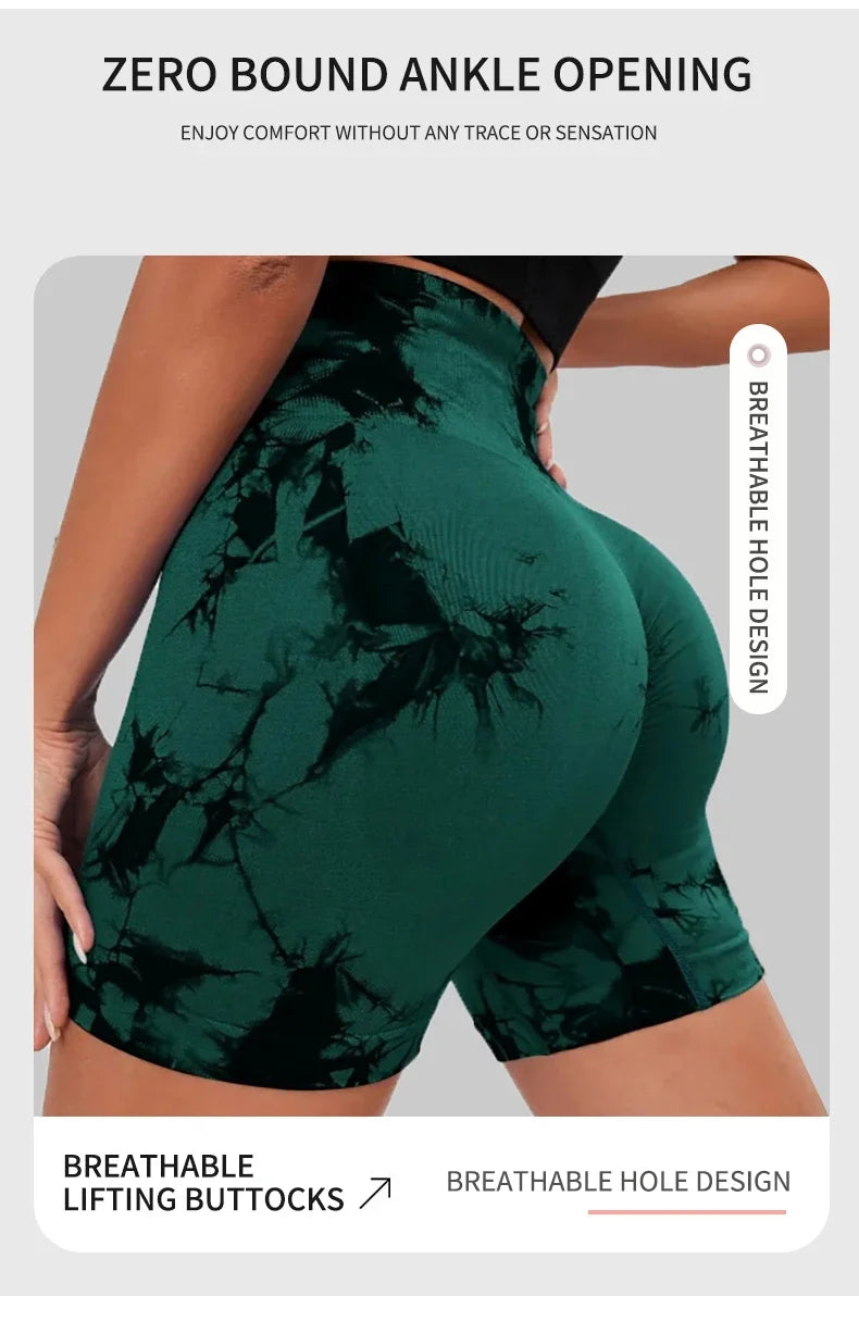 Calças esportivas sem costura Tie Dye para mulheres, apertadas, sexy Yoga Fitness Shorts, cintura alta, elevação do quadril