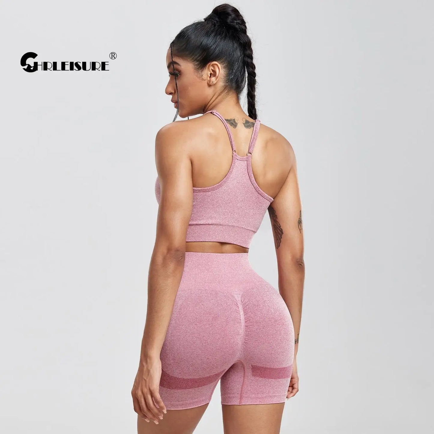 CHRLEISURE Seamless Sports Set Women's  2PCS Yoga Suit Fitness Bra with Cycling Shorts Gym Elastic Workout Outfit Activewear