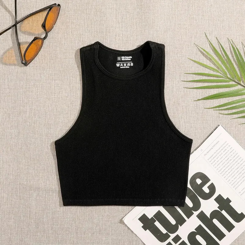 Yoga Vest Women Gym Sports Black White Crop Tops Seamless Streetwear Rib Knit Workout BreathableTank Top Female Without Pads