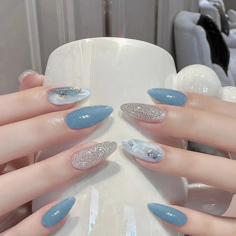 24pcs Romantic Y2k Star Press On Nails Gradient Blue French Style Gold Moon Designs Fake Nail Sweet Almond False Nails For Women