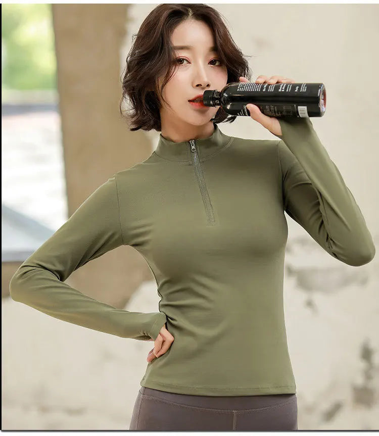 Spring and Summer Women Half Zipper Casual Fitness Wear Long Sleeve Blazer Running Speed Dry Yoga Wear Women