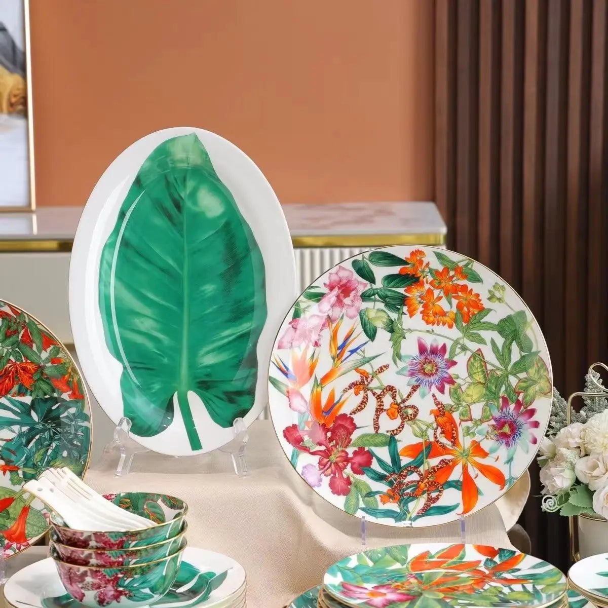 Single Green Leaf Tableware, Food Plates, Coffeeware, Teaware, Coffee Cup Saucers, Mug, Bowl, Dinner Plate, Tray, for Kitchen