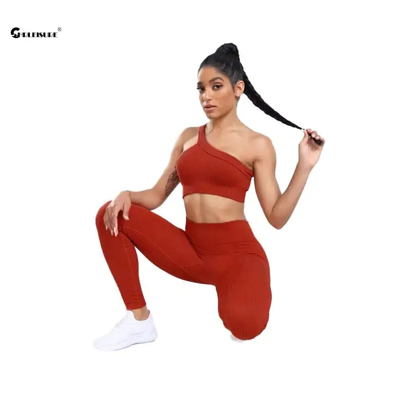 CHRLEISURE Seamless Sports Set Women Fitness Outfit Rib Yoga Suit Running Bra without Pad with Workout Leggings Gym Sportswear