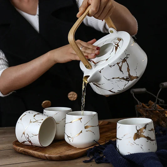 Marbled Home Tea Set Japanese Black & White Ceramic Afternoon Tea Cup with Acacia Wood Base Teapot