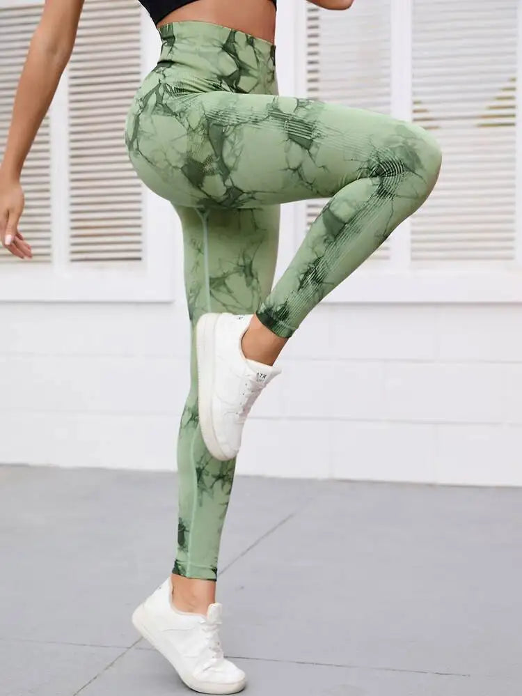 Seamless Tie-dye Yoga Pants Women's High-waist Abdomen Peach Hip Fitness Pants Stretch Sports Leggings