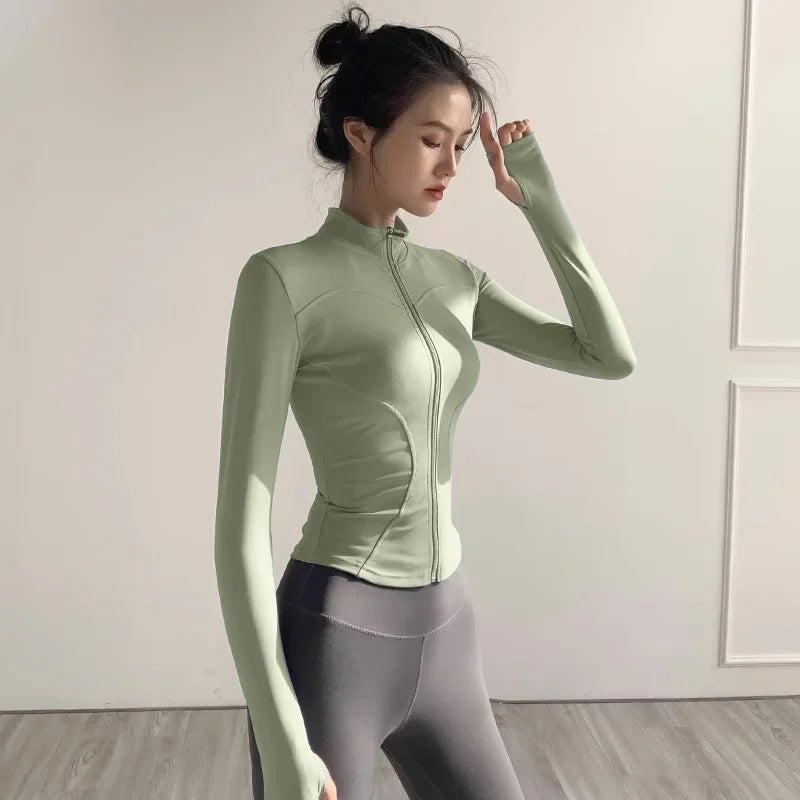 Women Zip Fitness Clothes Long Sleeve Sports Jacket with Pockets Yoga Shirt Quick Dry Gym Top Sunscreen Sportswear Running Coats