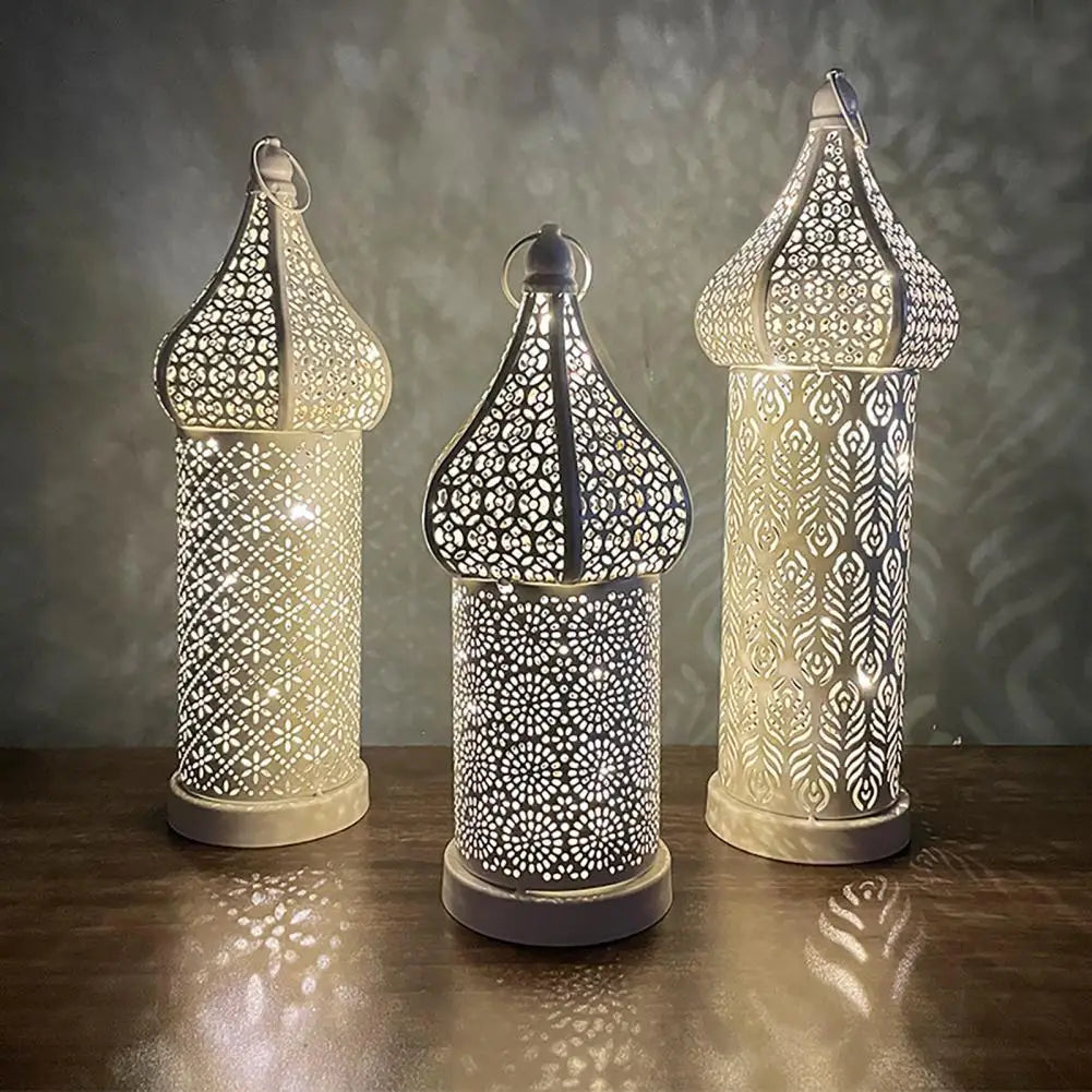 New Moroccan White Hollow Led Wind Lamp Wrought Iron Lantern Home Bedroom Living Room Atmospheres Decorative Lamp Ornaments