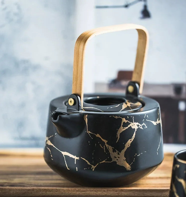 Marbled Home Tea Set Japanese Black & White Ceramic Afternoon Tea Cup with Acacia Wood Base Teapot