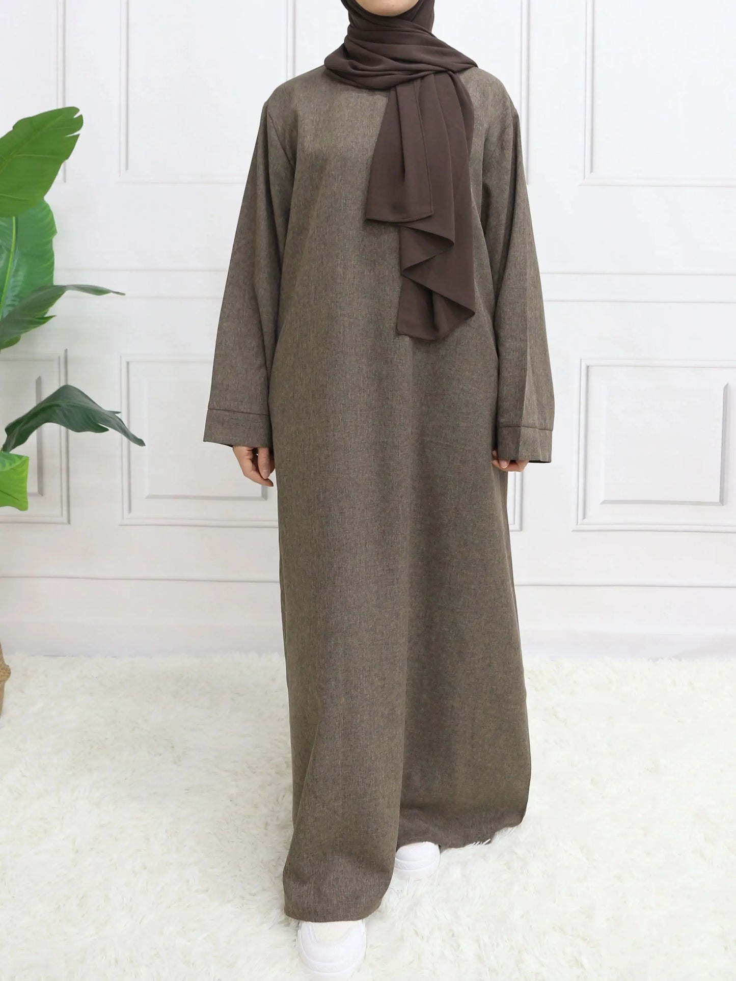 Modest Closed Plain Long Sleeve Abaya Without Hijab With Belt  Basic Islamic Eid Clothes Dress