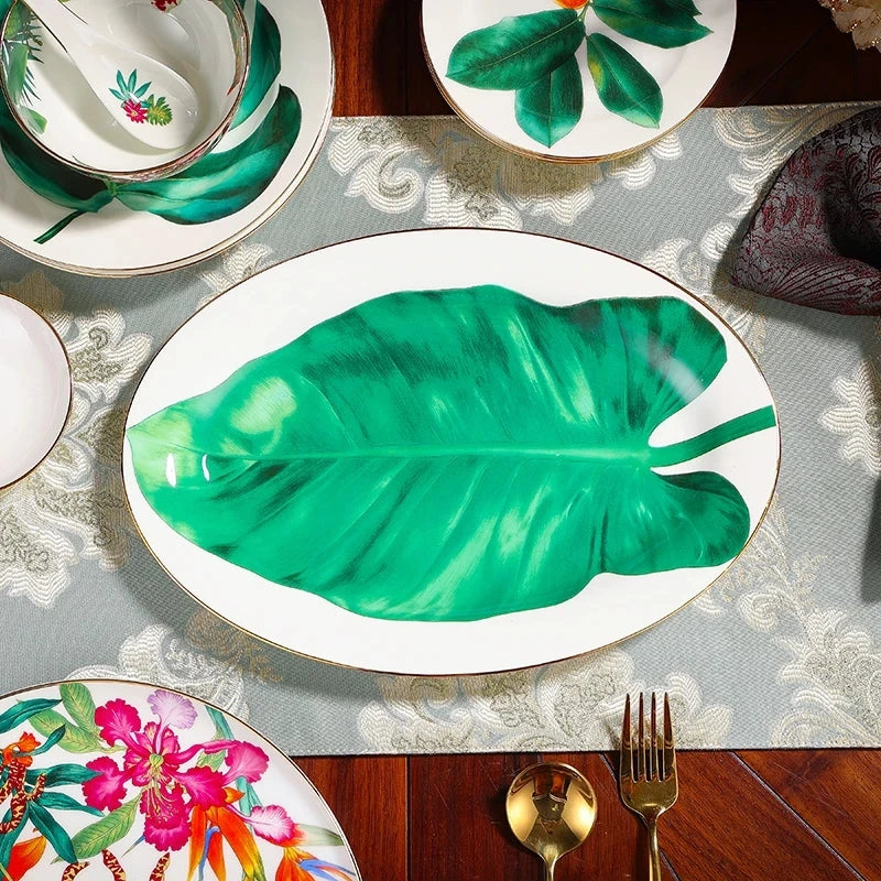 Single Green Leaf Tableware, Food Plates, Coffeeware, Teaware, Coffee Cup Saucers, Mug, Bowl, Dinner Plate, Tray, for Kitchen