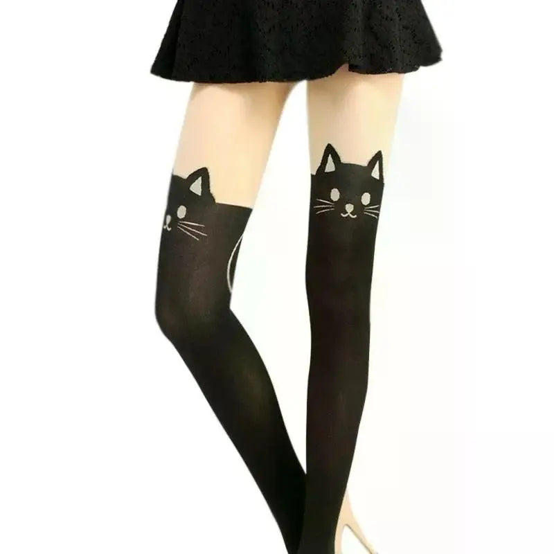 Women Cute Black Cat Printed Silk Knee Socks Casual Thigh Cotton Warm High Over Knee Socks Cute Romantic Socks Lady Cat