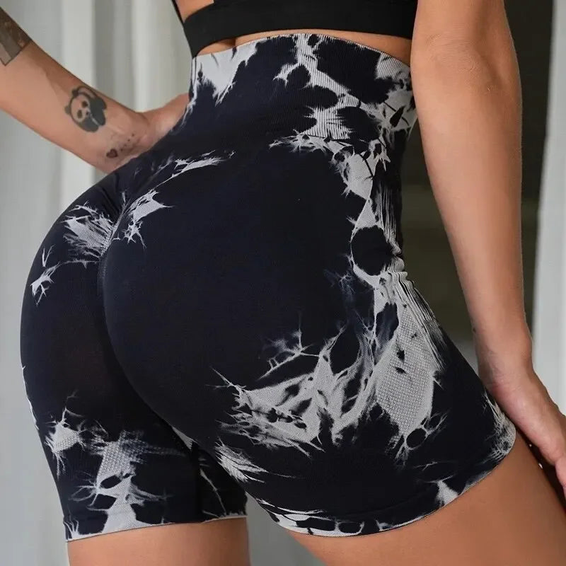 Calças esportivas sem costura Tie Dye para mulheres, apertadas, sexy Yoga Fitness Shorts, cintura alta, elevação do quadril