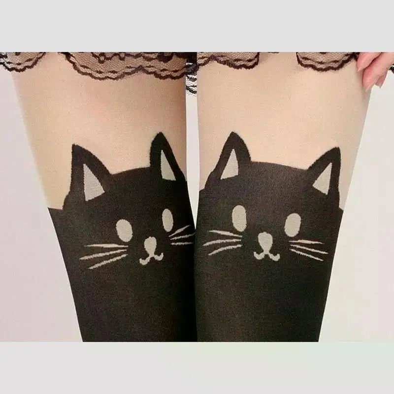 Women Cute Black Cat Printed Silk Knee Socks Casual Thigh Cotton Warm High Over Knee Socks Cute Romantic Socks Lady Cat