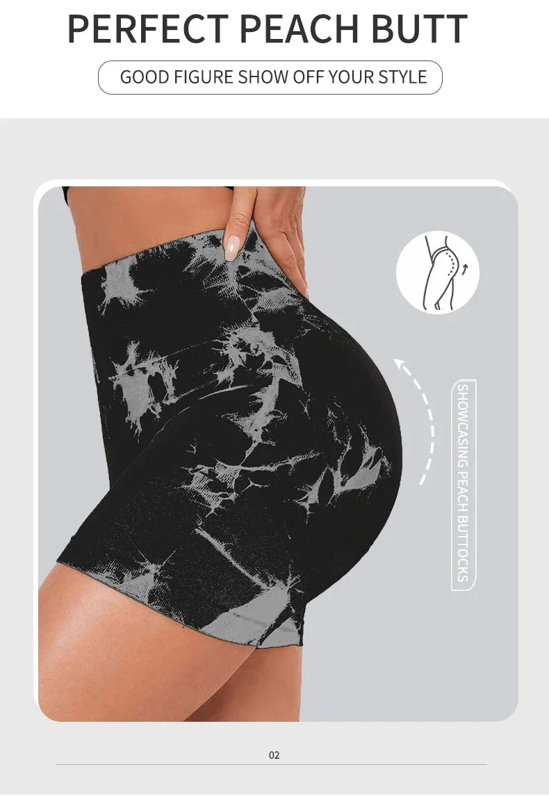 Calças esportivas sem costura Tie Dye para mulheres, apertadas, sexy Yoga Fitness Shorts, cintura alta, elevação do quadril