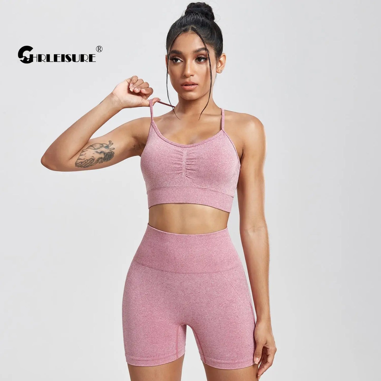 CHRLEISURE Seamless Sports Set Women's  2PCS Yoga Suit Fitness Bra with Cycling Shorts Gym Elastic Workout Outfit Activewear