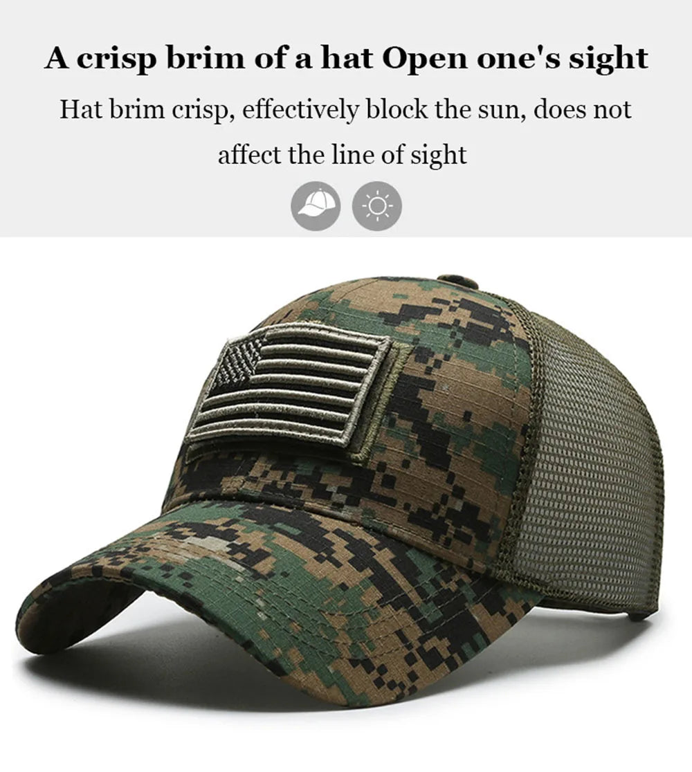 Men American Flag Camouflage Baseball Cap Male Outdoor Breathable Tactics Mountaineering Peaked Hat Adjustable Stylish Casquette