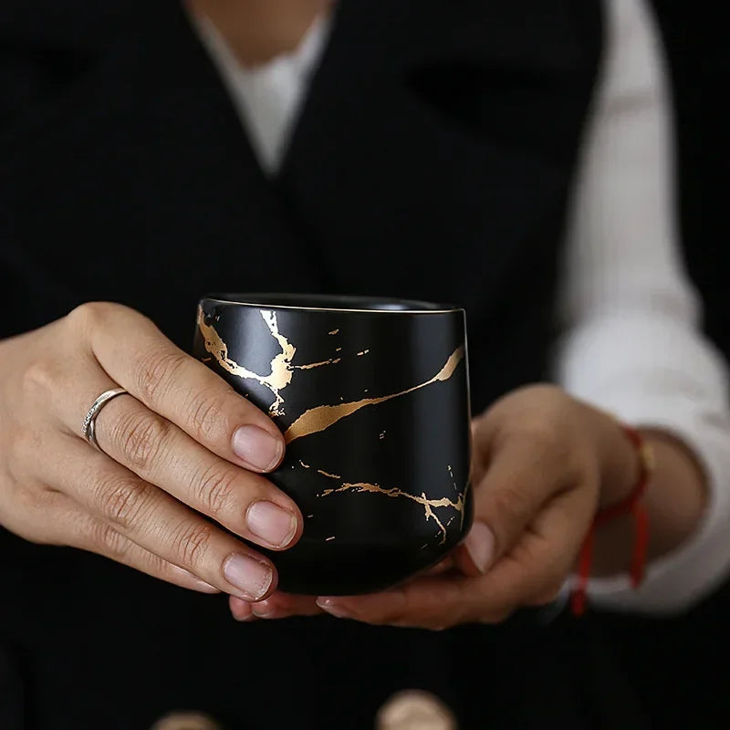 Marbled Home Tea Set Japanese Black & White Ceramic Afternoon Tea Cup with Acacia Wood Base Teapot