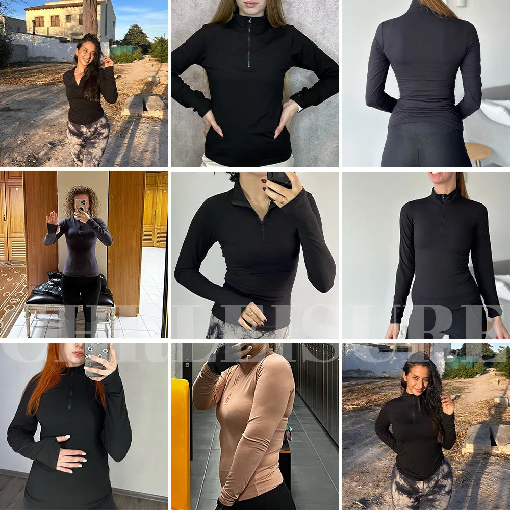 CHRLEISURE Long Sleeve Yoga Shirts Half-zip Sports Top with Thumbholes Elastic Breathable Fitness Blouse for Women Activewear