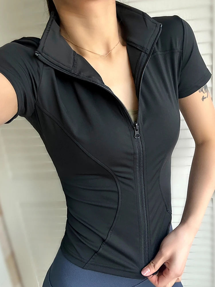 Summer High Quality Waist Slimming Training Tops Women's Quick-drying Tight Stand Collar Full Zipper Short Sleeves Yoga shirts