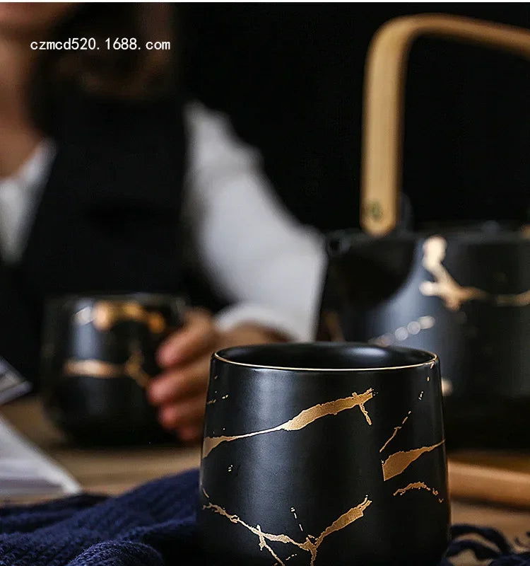 Marbled Home Tea Set Japanese Black & White Ceramic Afternoon Tea Cup with Acacia Wood Base Teapot