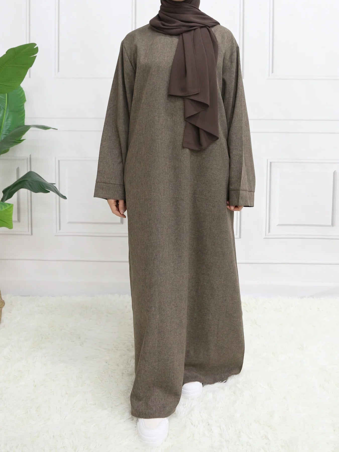 Modest Closed Plain Long Sleeve Abaya Without Hijab With Belt  Basic Islamic Eid Clothes Dress