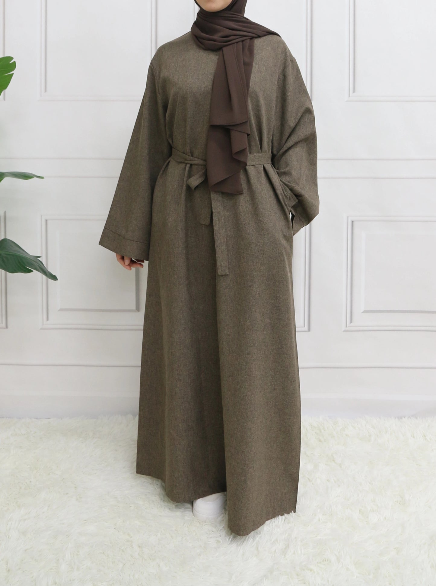 Modest Closed Plain Long Sleeve Abaya Without Hijab With Belt  Basic Islamic Eid Clothes Dress