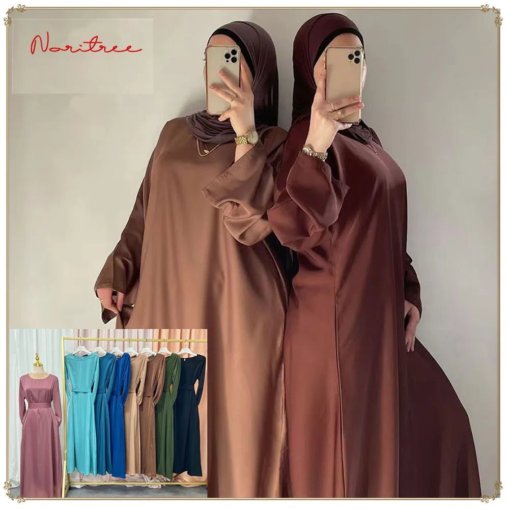 Fashion Satin Sliky Djellaba Muslim Dress Dubai Full Length Flare Sleeve Soft Shiny Abaya Dubai Turkey Muslim Islam Robe WY921