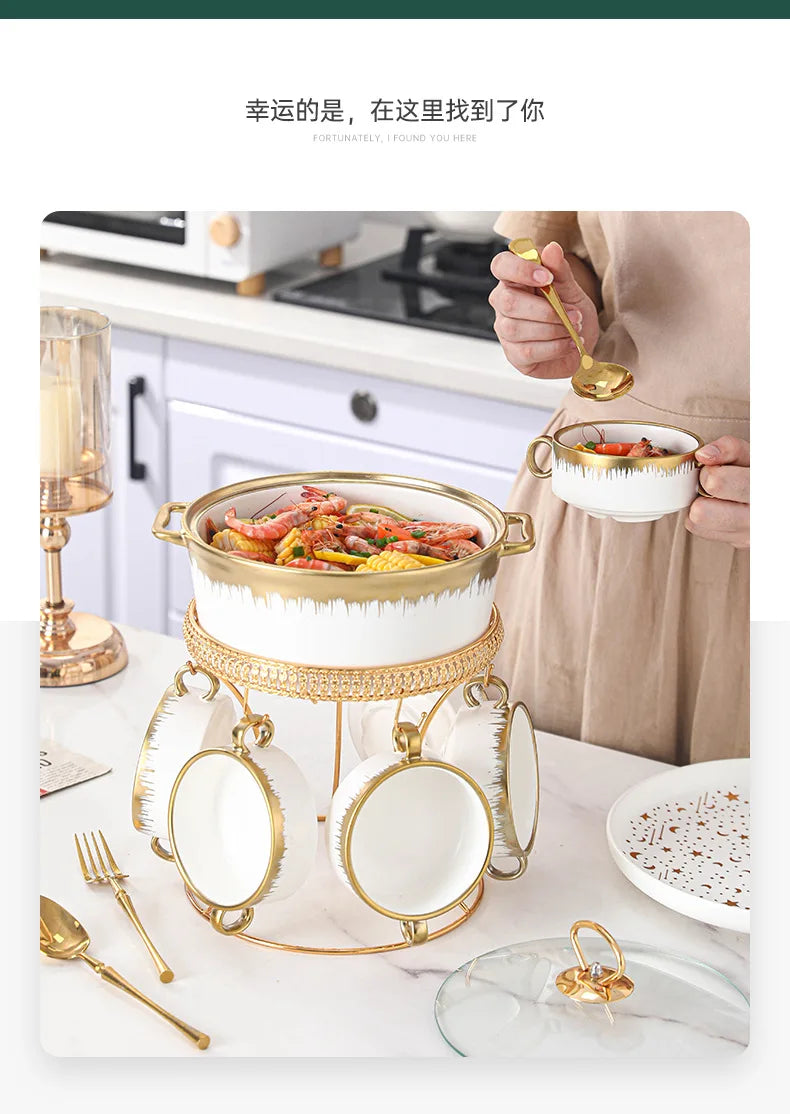 Gold-plated ceramic pot household Phnom Penh soup pot 7-piece set with lid soup pot with hotel tableware set wholesale