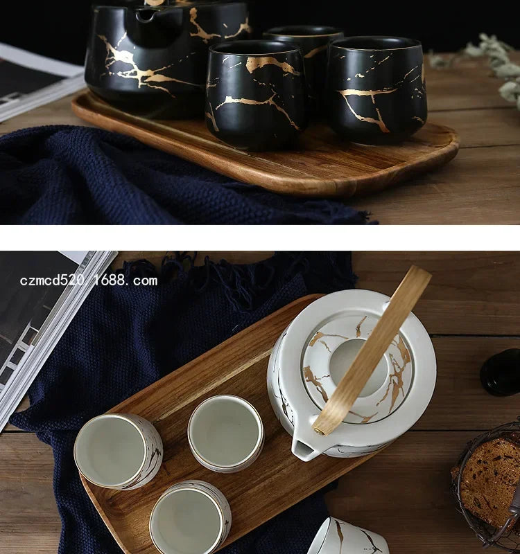 Marbled Home Tea Set Japanese Black & White Ceramic Afternoon Tea Cup with Acacia Wood Base Teapot