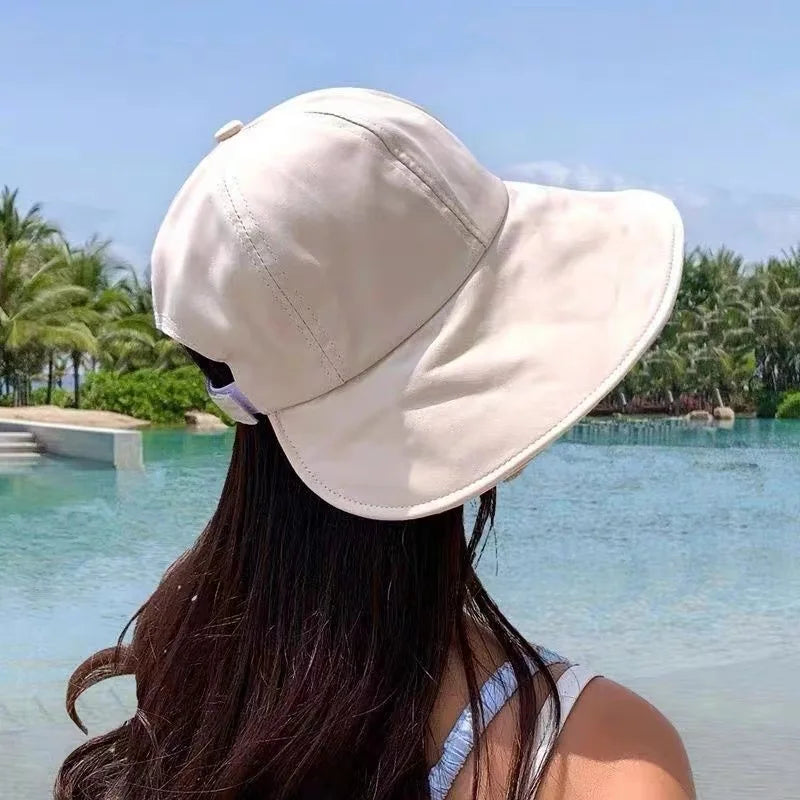 Women Summer Sunhat Cotton Ponytail Bucket Hat Outdoor Beach Adjustable Sun Visor Hats Solid Color Foldable Fisherman Cap