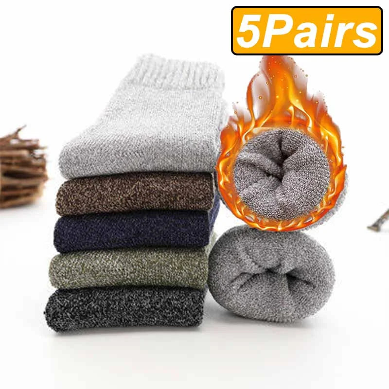 5 Pairs Winter Warm Men’s Socks Wool Male Women Socks Super Thicker Solid Socks Wool Socks Against Cold Snow Terry Socks