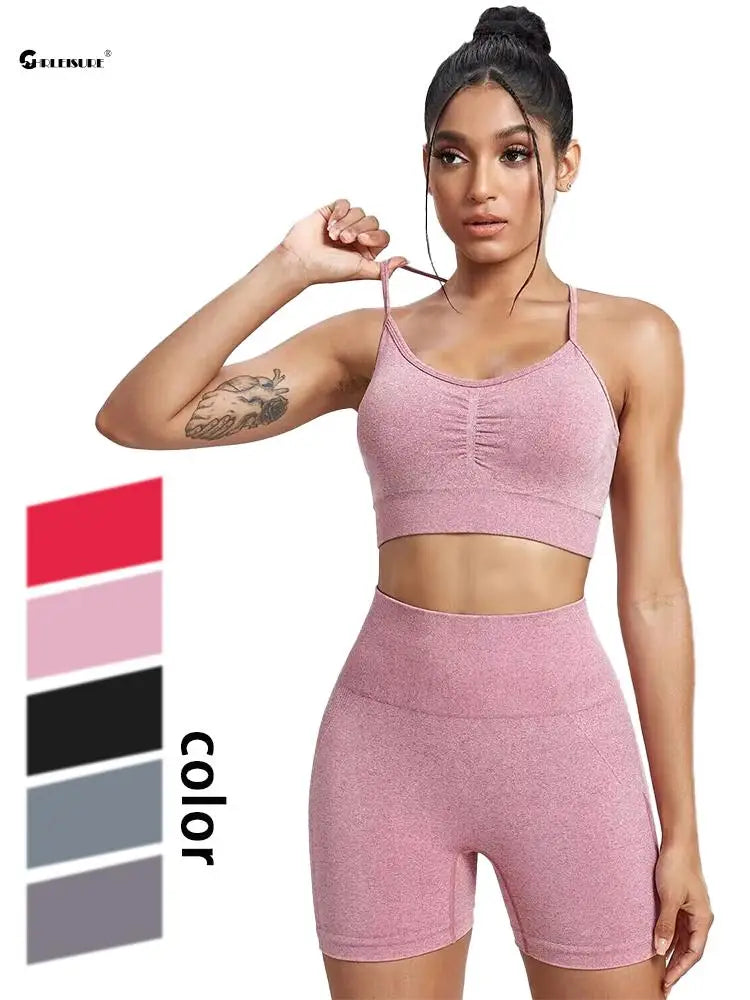 CHRLEISURE Seamless Sports Set Women's  2PCS Yoga Suit Fitness Bra with Cycling Shorts Gym Elastic Workout Outfit Activewear