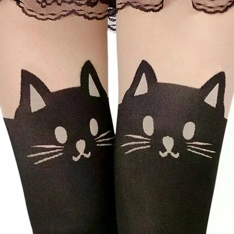 Women Cute Black Cat Printed Silk Knee Socks Casual Thigh Cotton Warm High Over Knee Socks Cute Romantic Socks Lady Cat