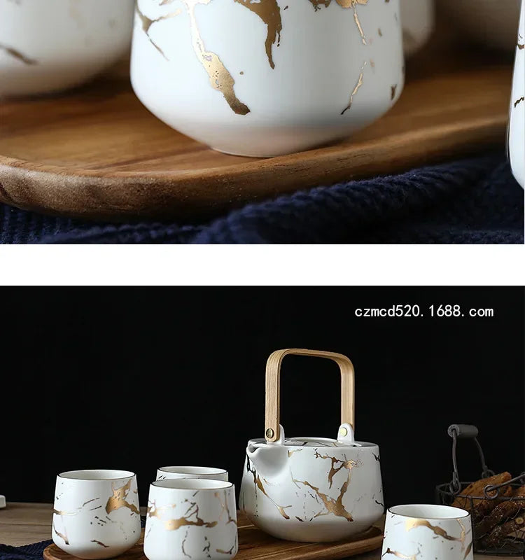 Marbled Home Tea Set Japanese Black & White Ceramic Afternoon Tea Cup with Acacia Wood Base Teapot