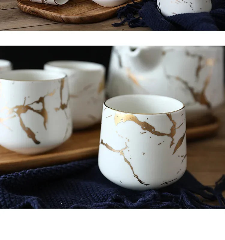 Marbled Home Tea Set Japanese Black & White Ceramic Afternoon Tea Cup with Acacia Wood Base Teapot